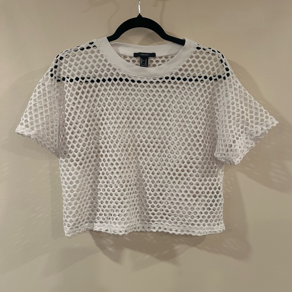 Forever 21 White Short Sleeve Mesh Tee